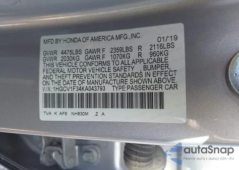 2019 Honda Accord Sport from USA, damaged, VIN 1HGCV1F34KA043793
